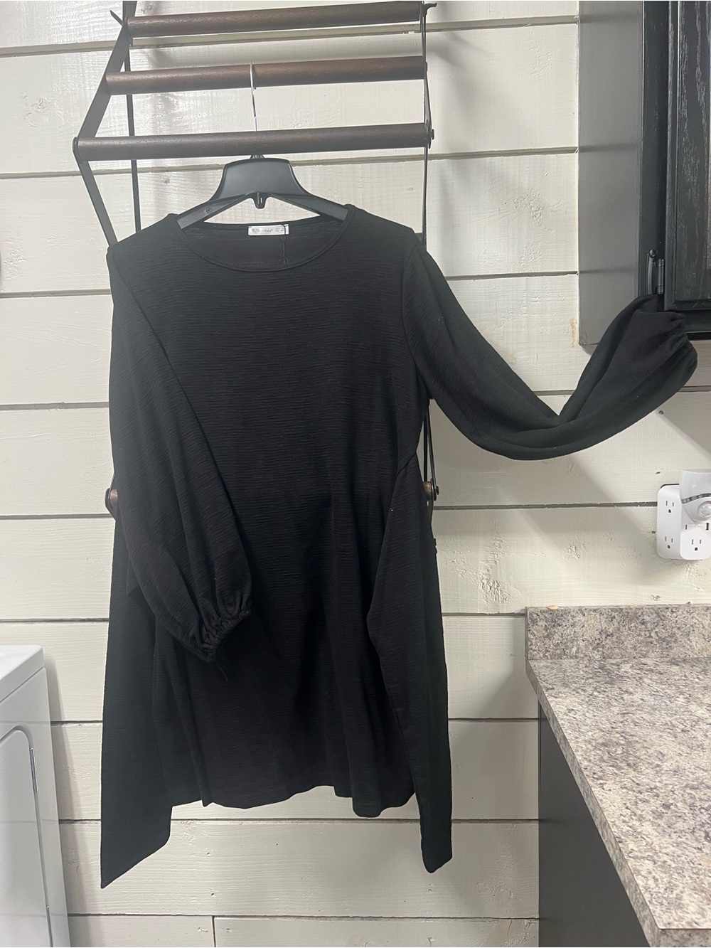 Black Long Sleeve A-Line Tie  Dress with Balloon Sleeves